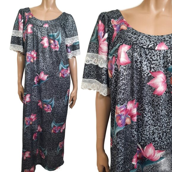 Vintage 70s Patio House Dress  MuuMuu Lounge Size XXL Grey Pink Floral - Picture 1 of 8